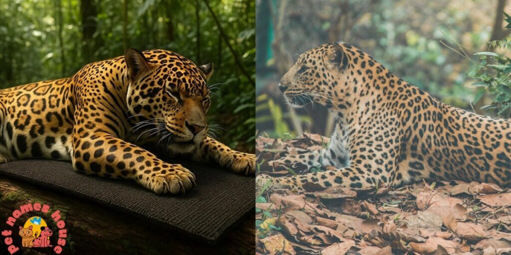 Two Golden spotted jaguars resting among green trees and nature, perfect for nature-inspired jaguar names.